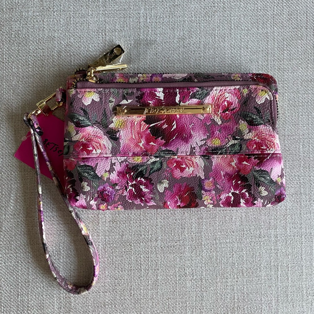 NWT Betsey Johnson Floral Double Zipper Wristlet Pouch Pink Pastel Flowers Gold